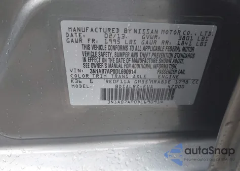 2013 Nissan Sentra Sr z USA, uszkodzony, nr VIN 3N1AB7AP0DL690914